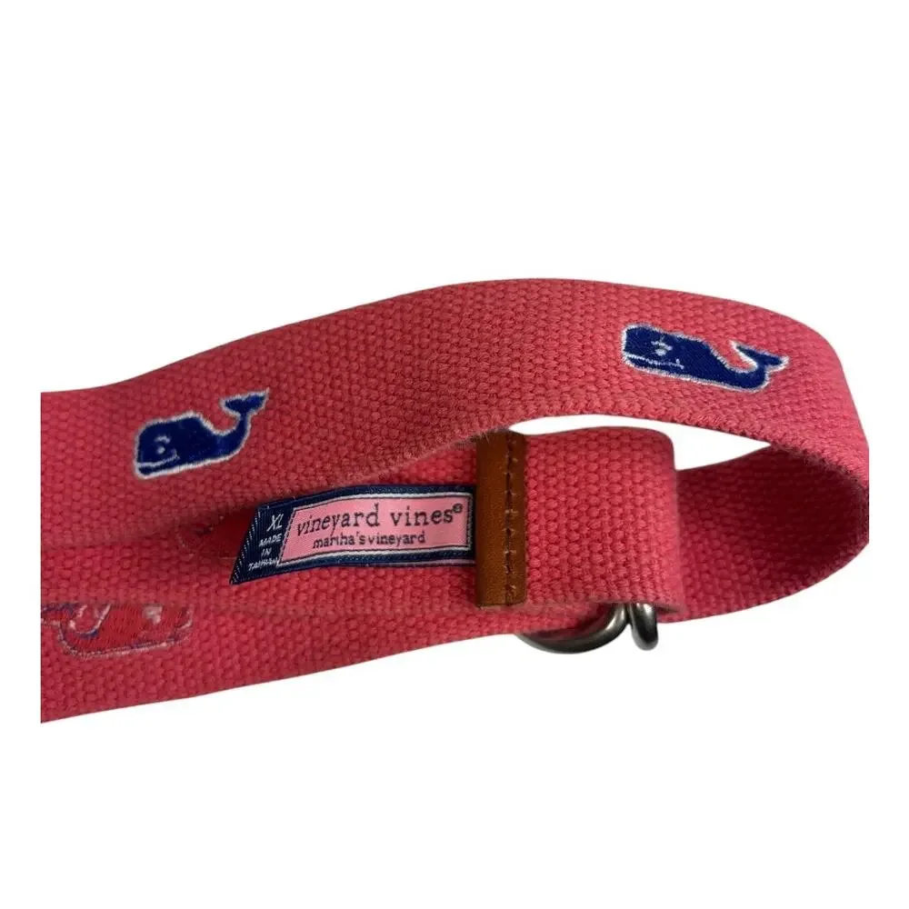 VINEYARD VINES Boys Canvas D-Ring Pink Belt With Embroidered Blue Whales XL